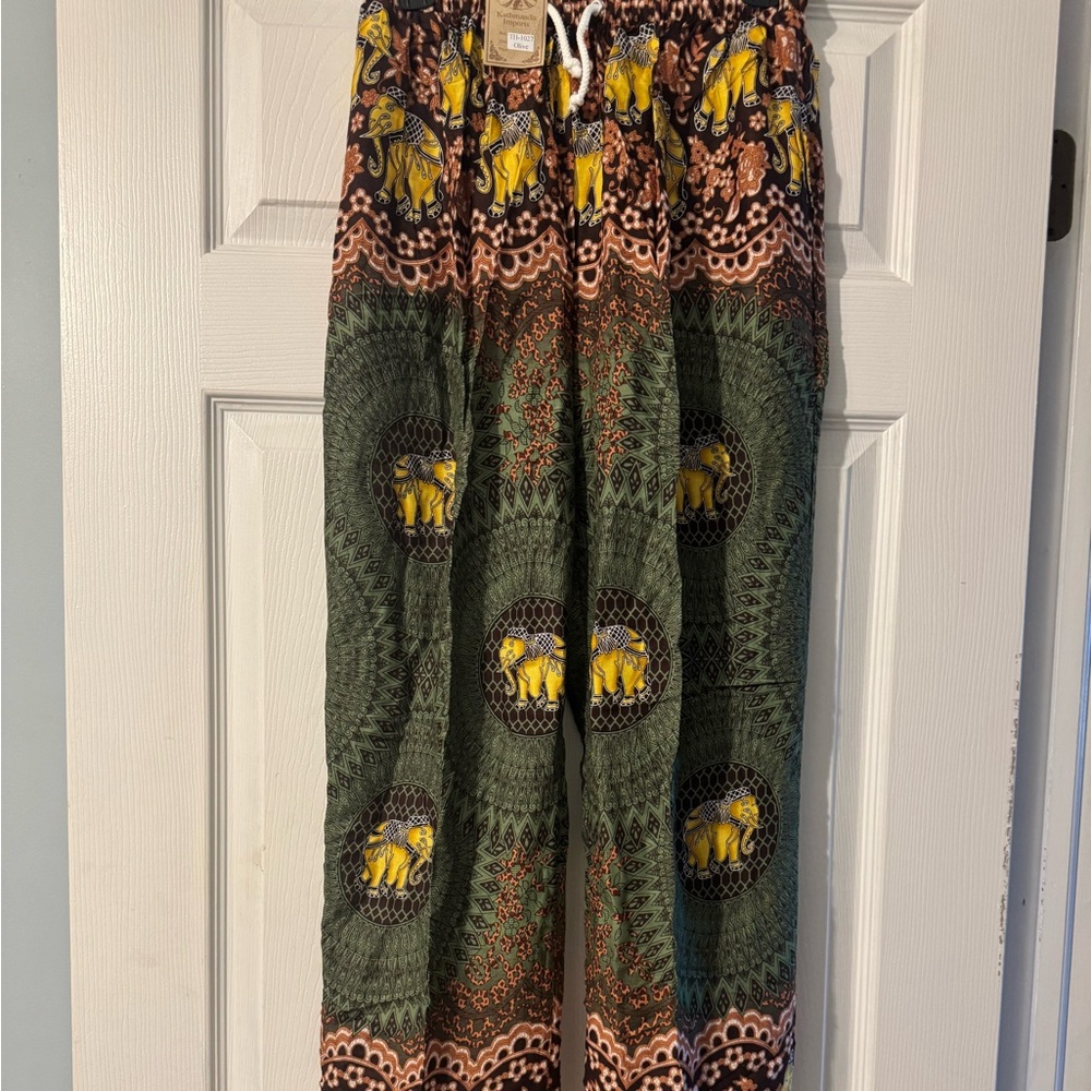 Green Elephant Print Track Pants - Lightweight Boho Joggers